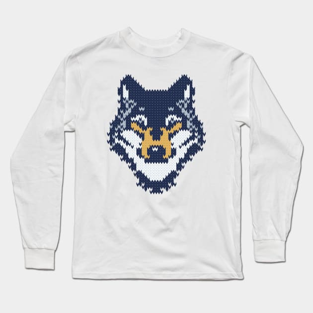 Fair isle knitting grey wolf // spot illustration // navy blue grey and yellow wolf Long Sleeve T-Shirt by SelmaCardoso